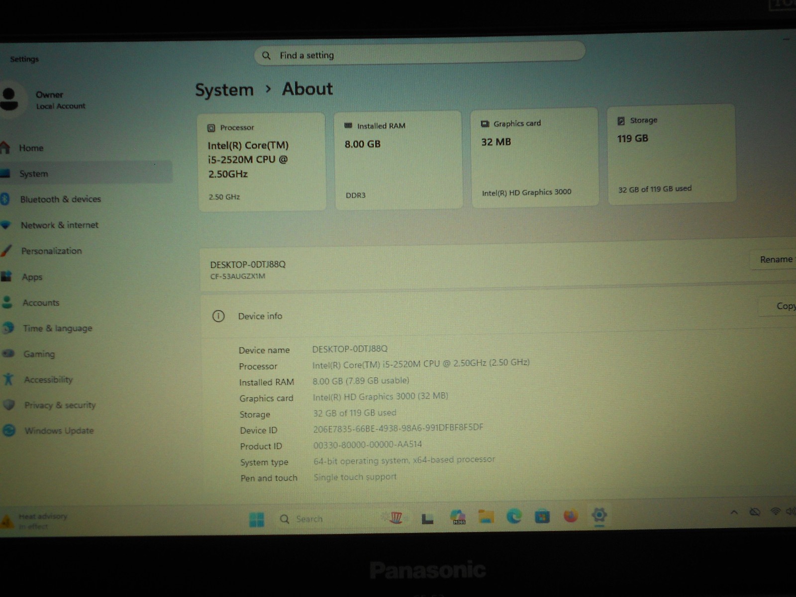Panasonic CF-53 Tough Book I5 2.5 GHz CPU 8 GB RAM 128 GB SSD Windows 11 Pro