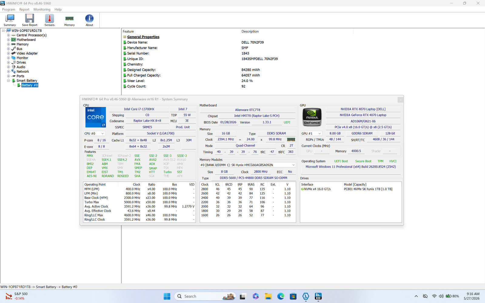 Dell Alienware m16 R1 16″ QHD+ i7-13700HX RTX 4070 16GB 1TB SSD W11 Pro
