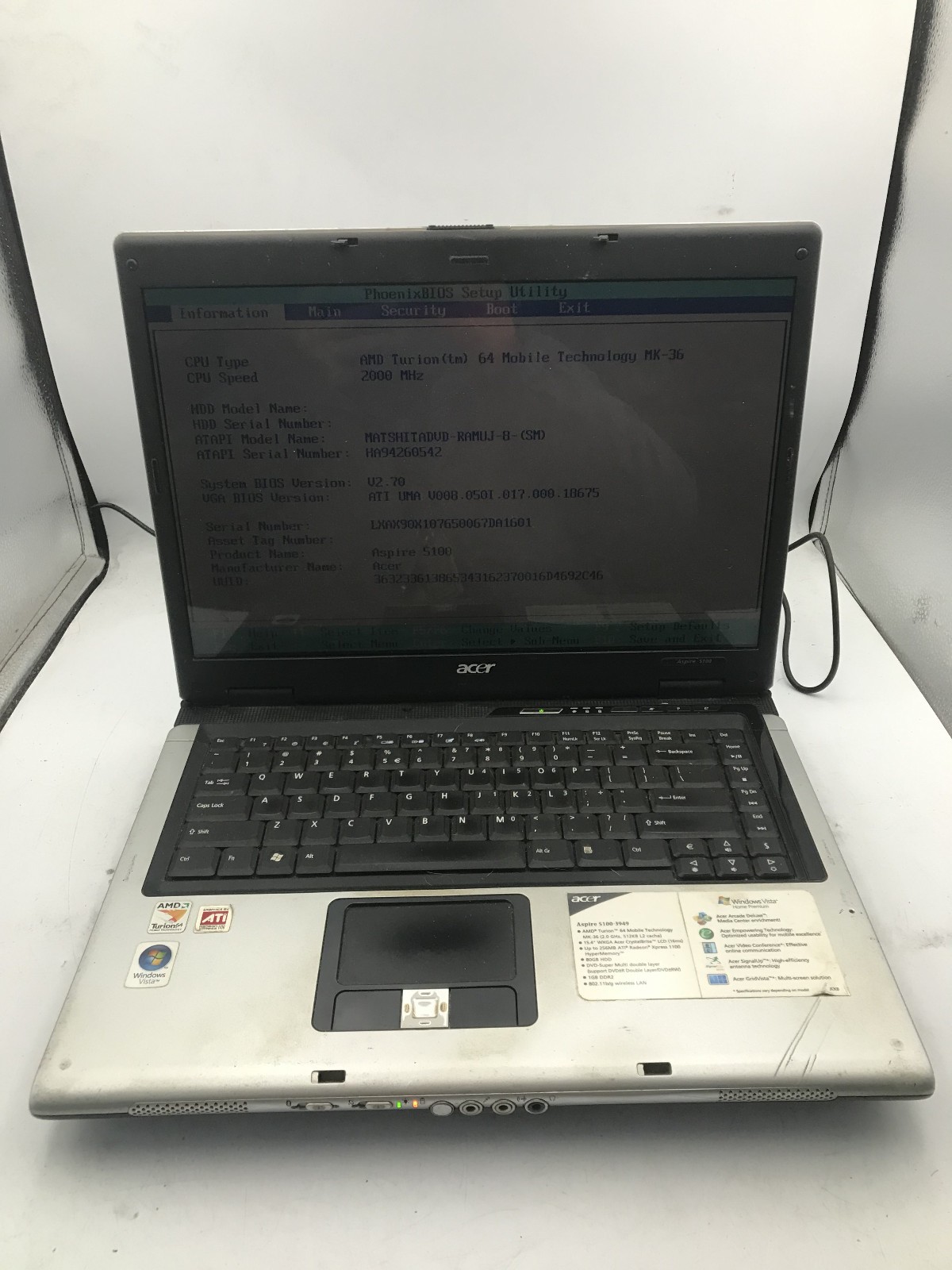 ACER ASPIRE 5100 3949 – BOOTS TO BIOS – AMD TURION 64 – 1GB RAM – RREAD DESC -BB