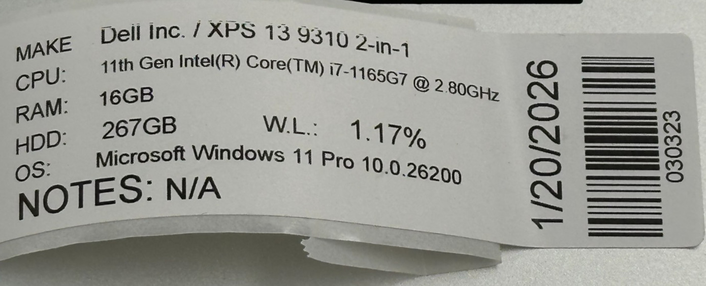 DELL XPS 13 9310 2-in-1 LAPTOP CORE i7-1165G7 @ 2.80Ghz 16GB RAM 267GB SSD LP635