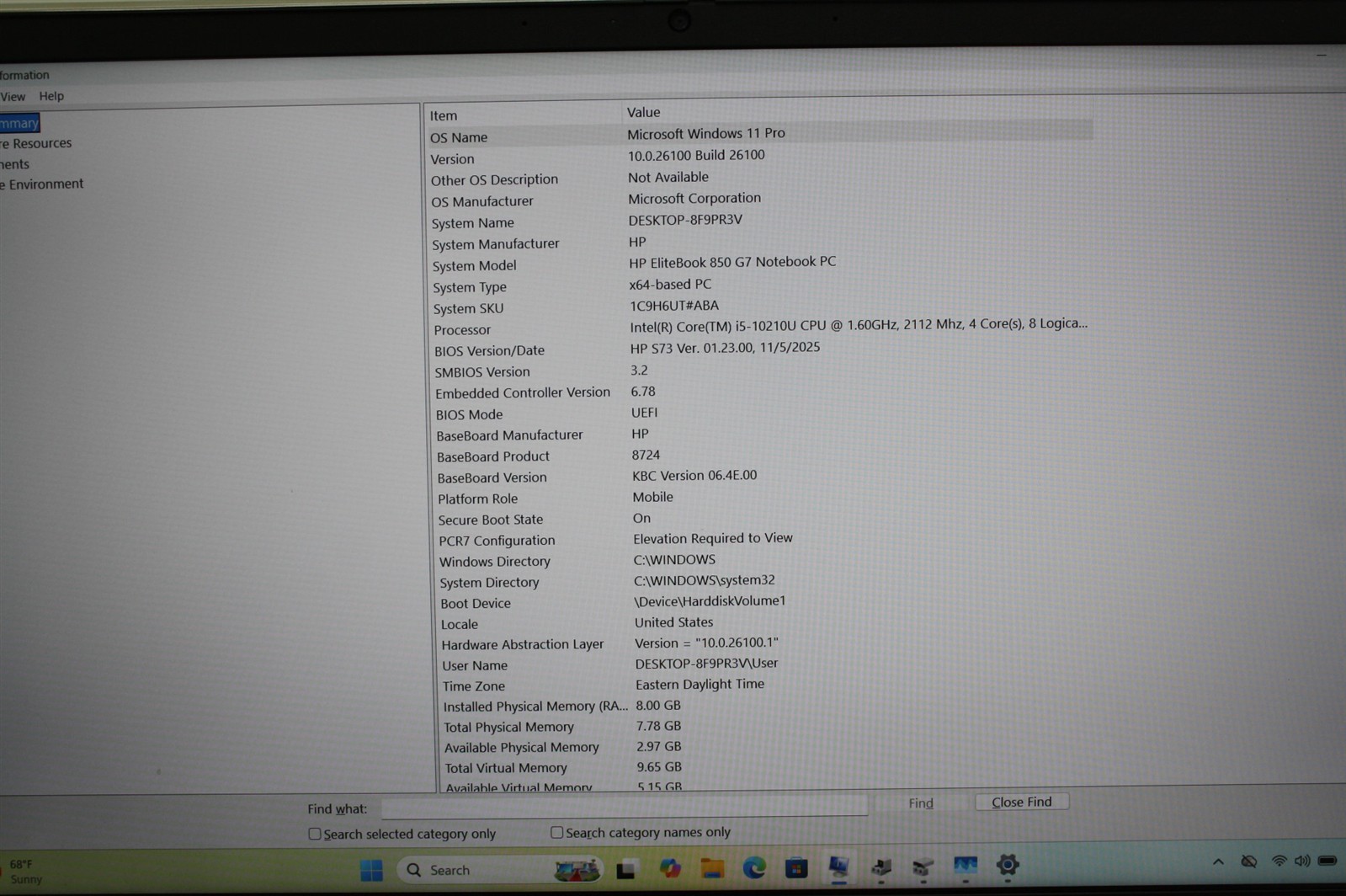 15.6″HP EliteBook 850 G7 Laptop i5-10210U 1.60GHz RAM 8GB NVMe 256GB/Missing Key