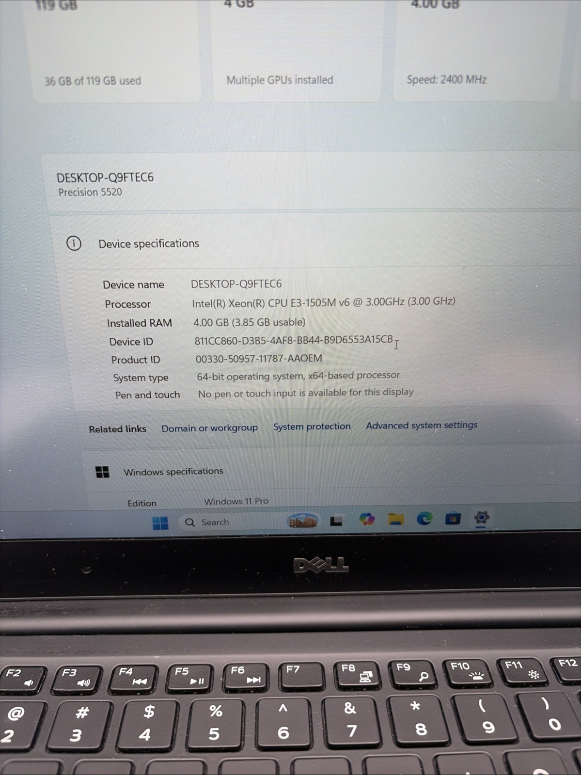 Dell Precision 5520 Xeon E3-1505M v6 4GB RAM 128GB SSD PARTS (L75)
