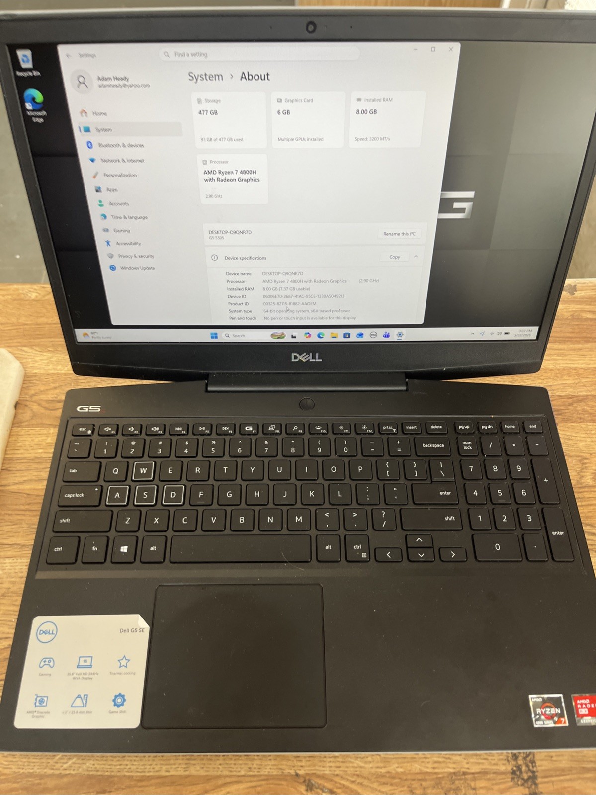 Dell G5 SE 15.6 inch 512GB HD, Ryzen 7, 2.90GHz, 8GB, Radeon 4800H 6GB Graphics