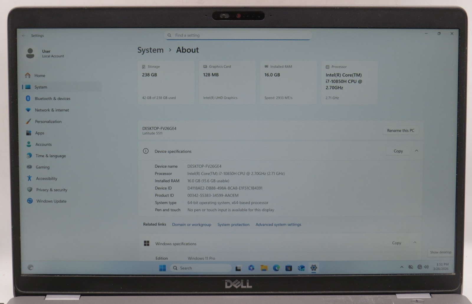 Dell Latitude 5511 | i7-10850H | 16GB DDR4 RAM | 256GB M.2 | Win 11 Pro w/AC