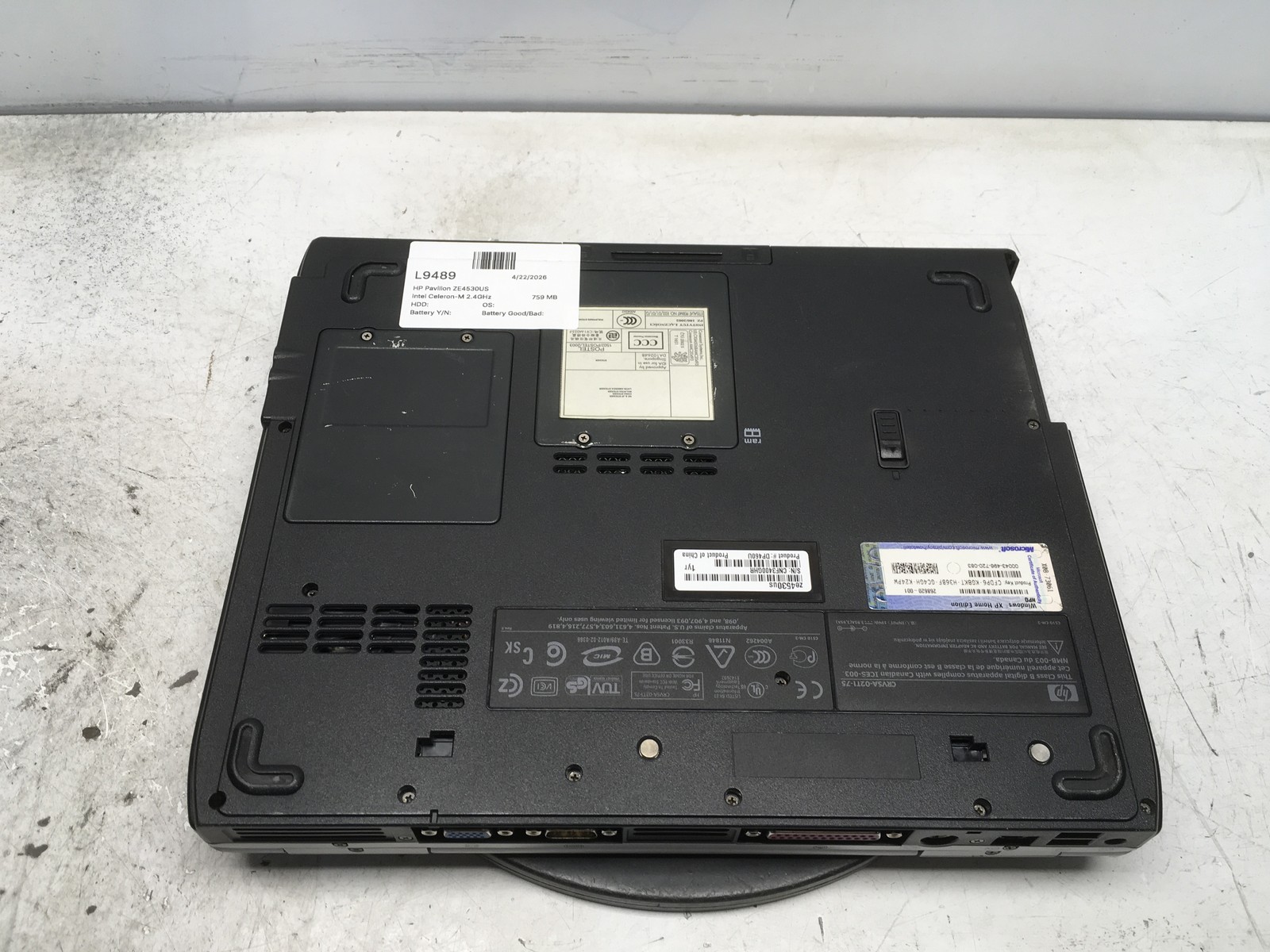 HP Pavilion ZE4530US Intel Celeron-M 2.4GHz 759 MB NO HDD No Batt