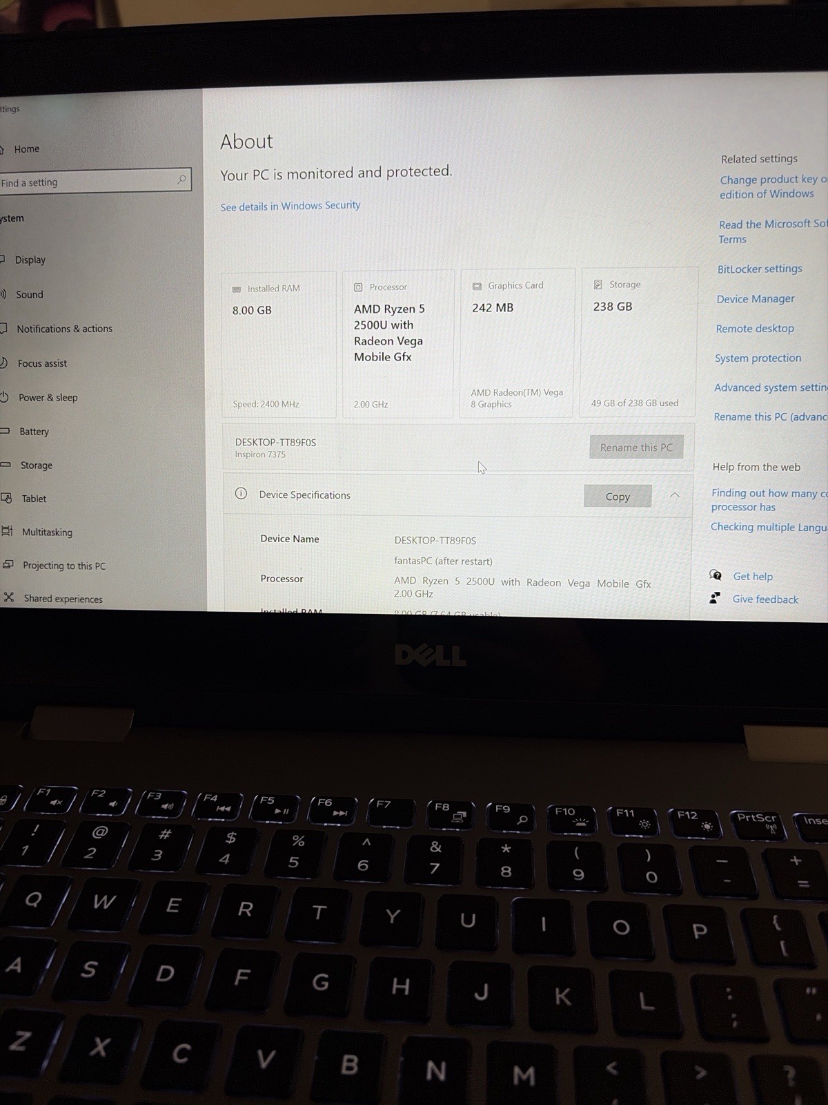 Dell Inspiron 7375 2-in-1 Laptop AMD Ryzen 5 8GB RAM 238GB SSD 13.3″ Touchscreen