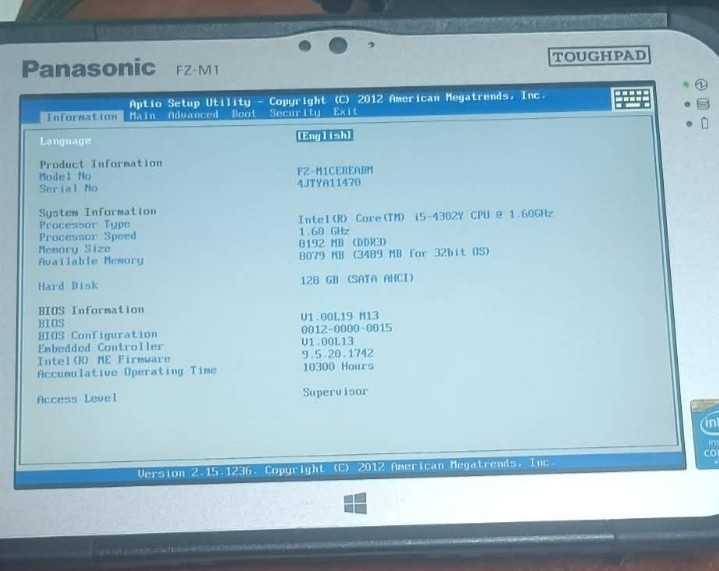 Panasonic Toughpad FZ-M1 Core i5vPro Bad System CMOS