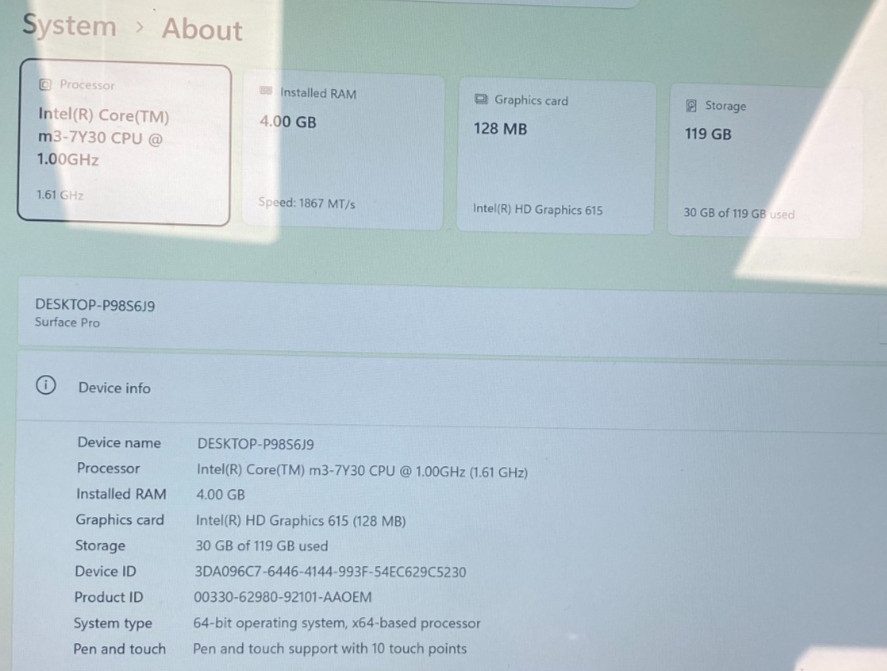 Microsoft Surface Pro m3-7Y30 @ 1.00GHz 4GB RAM 128GB SSD Win 11 W/AC PARTS