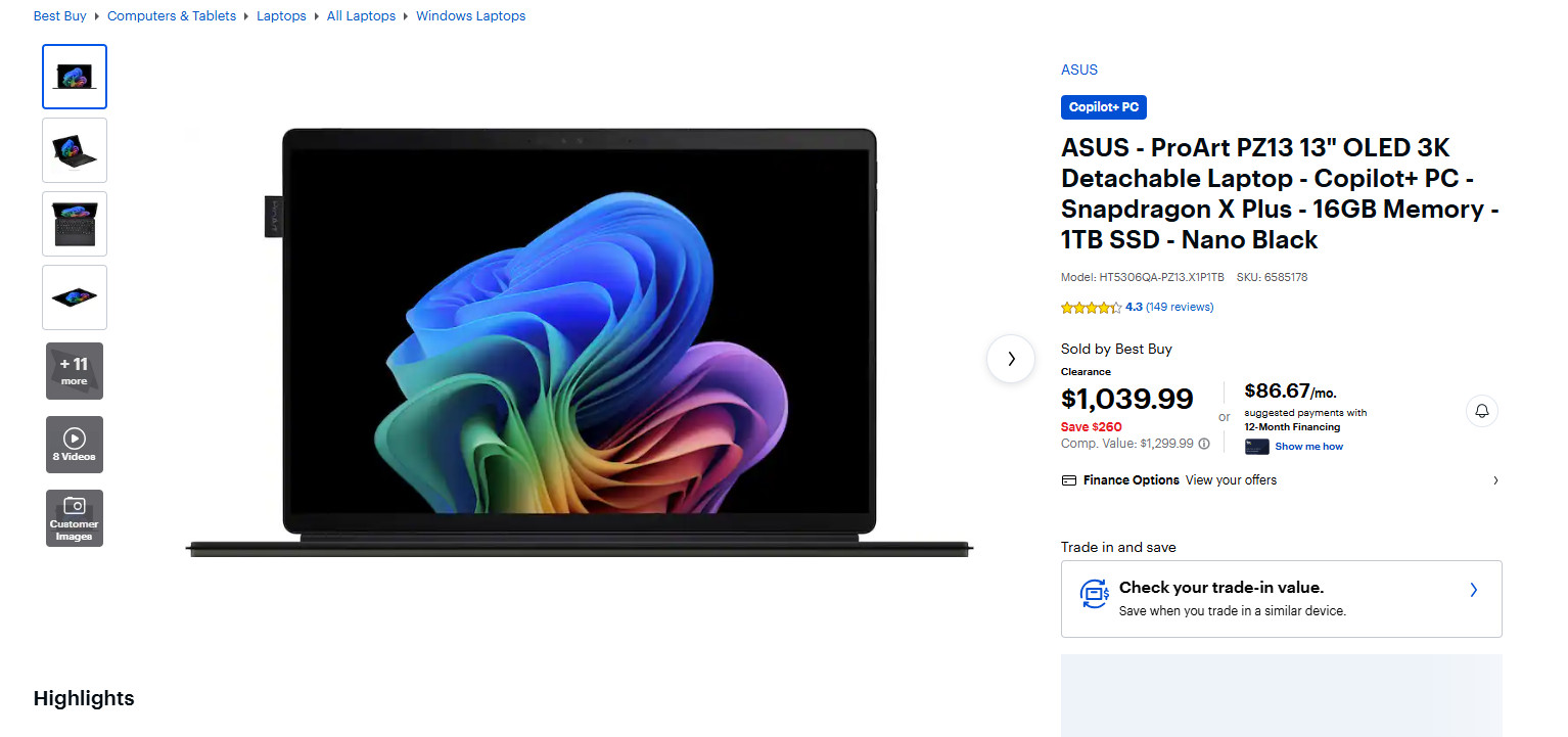 ASUS ProArt PZ13 OLED 3K Detachable Laptop Snapdragon X Plus 16GB 1TB **MINT**