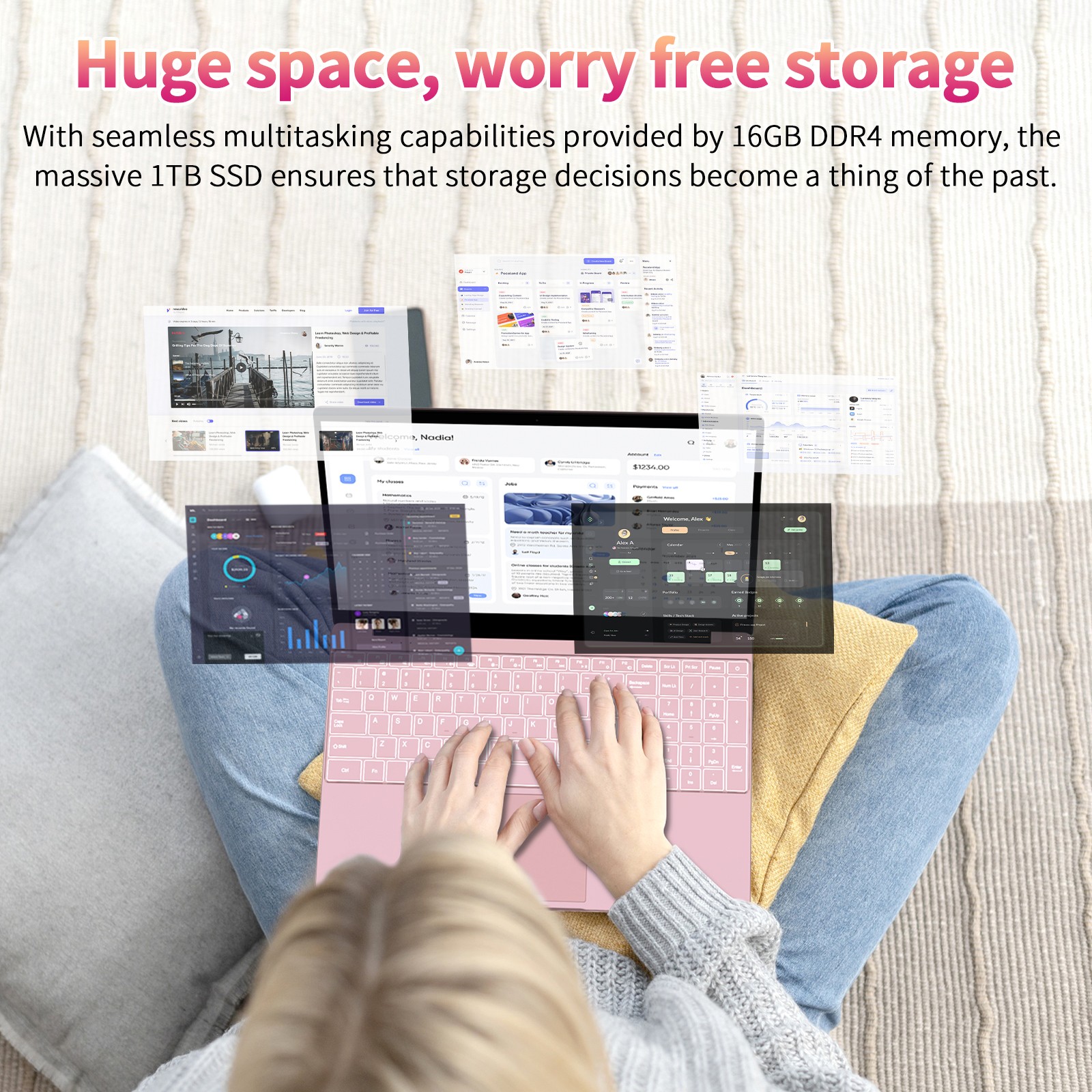 Pink Laptop 15.6″ FHD 4-Core N95 16GB DDR4 1TB SSD 8000mAh Portable Notebook New