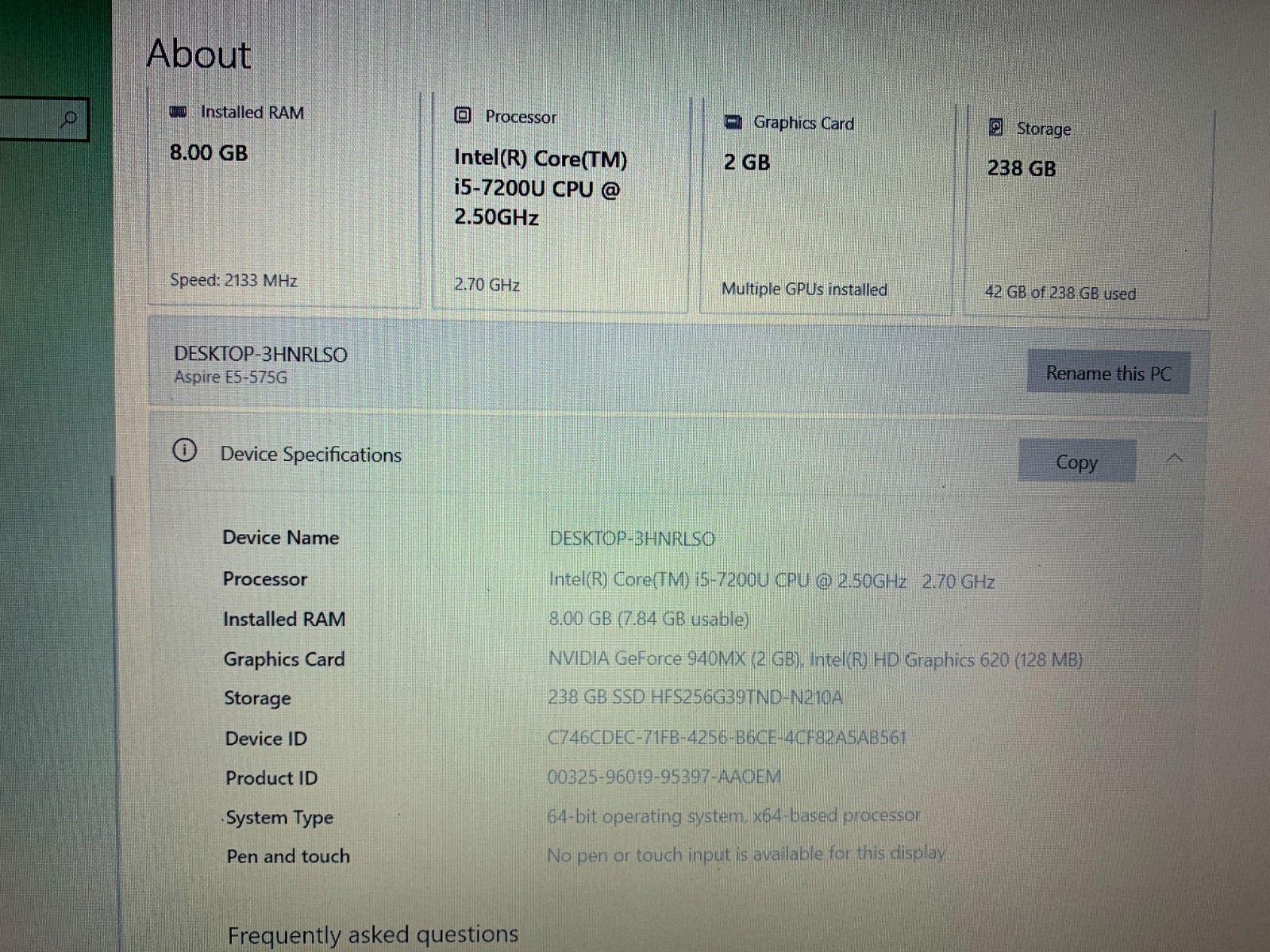 Acer Aspire E5-575 Laptop Intel Core i5-7200U 2.5GHz, 8GB RAM, 256GB SSD, W10H