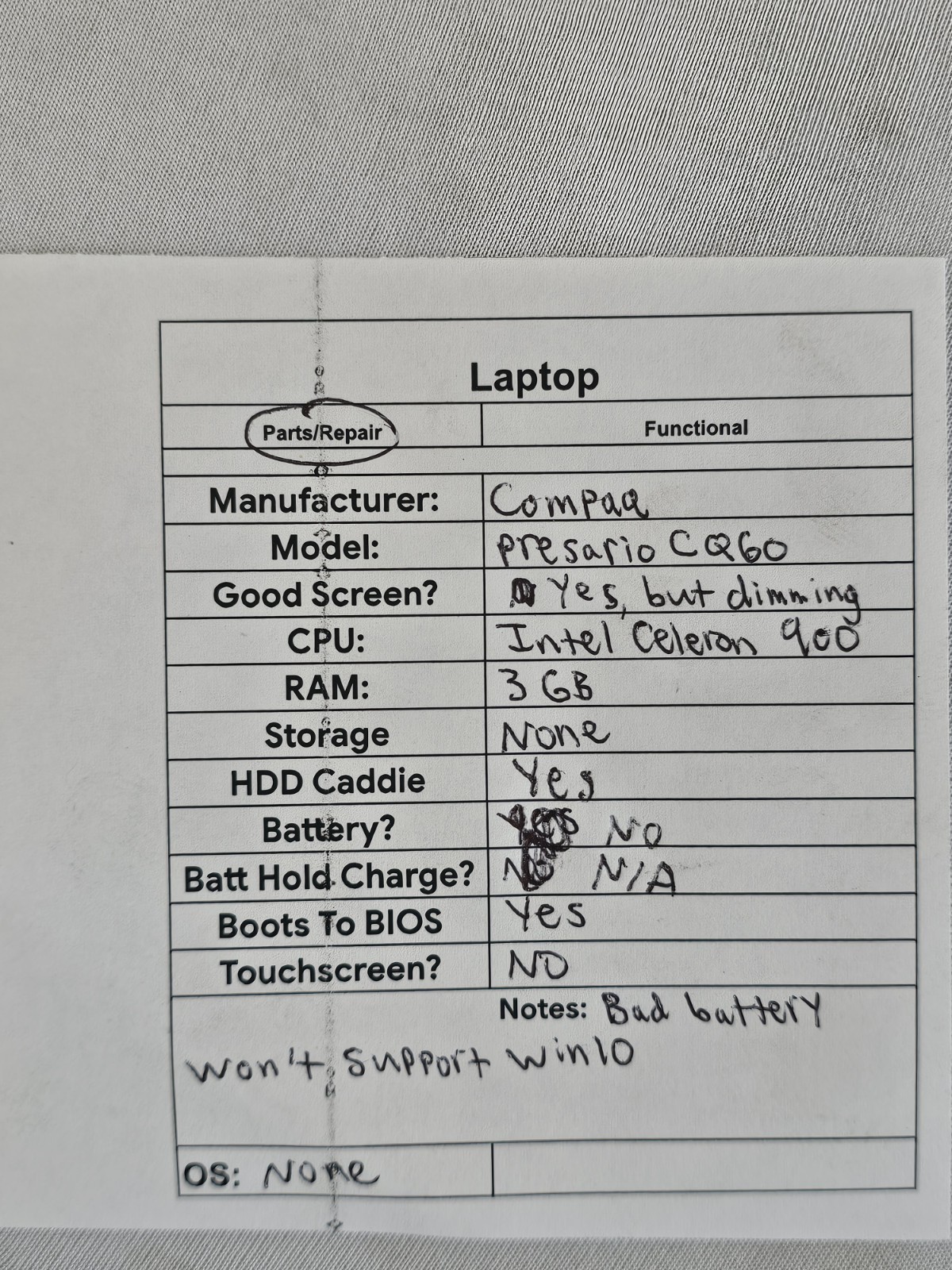 Compaq Presario CQ60 Laptop – Intel Celeron 900 – 3GB RAM – NO BATT – Read Desc