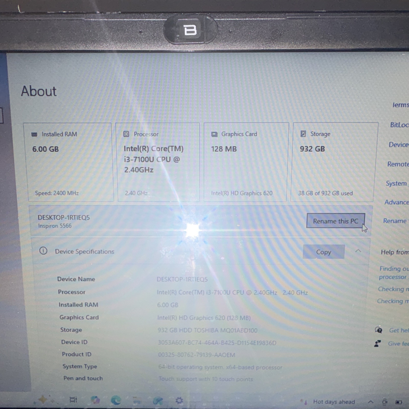 Dell Inspiron 5566 15.4in Laptop Intel Core i3-7100U 6GB RAM HDD