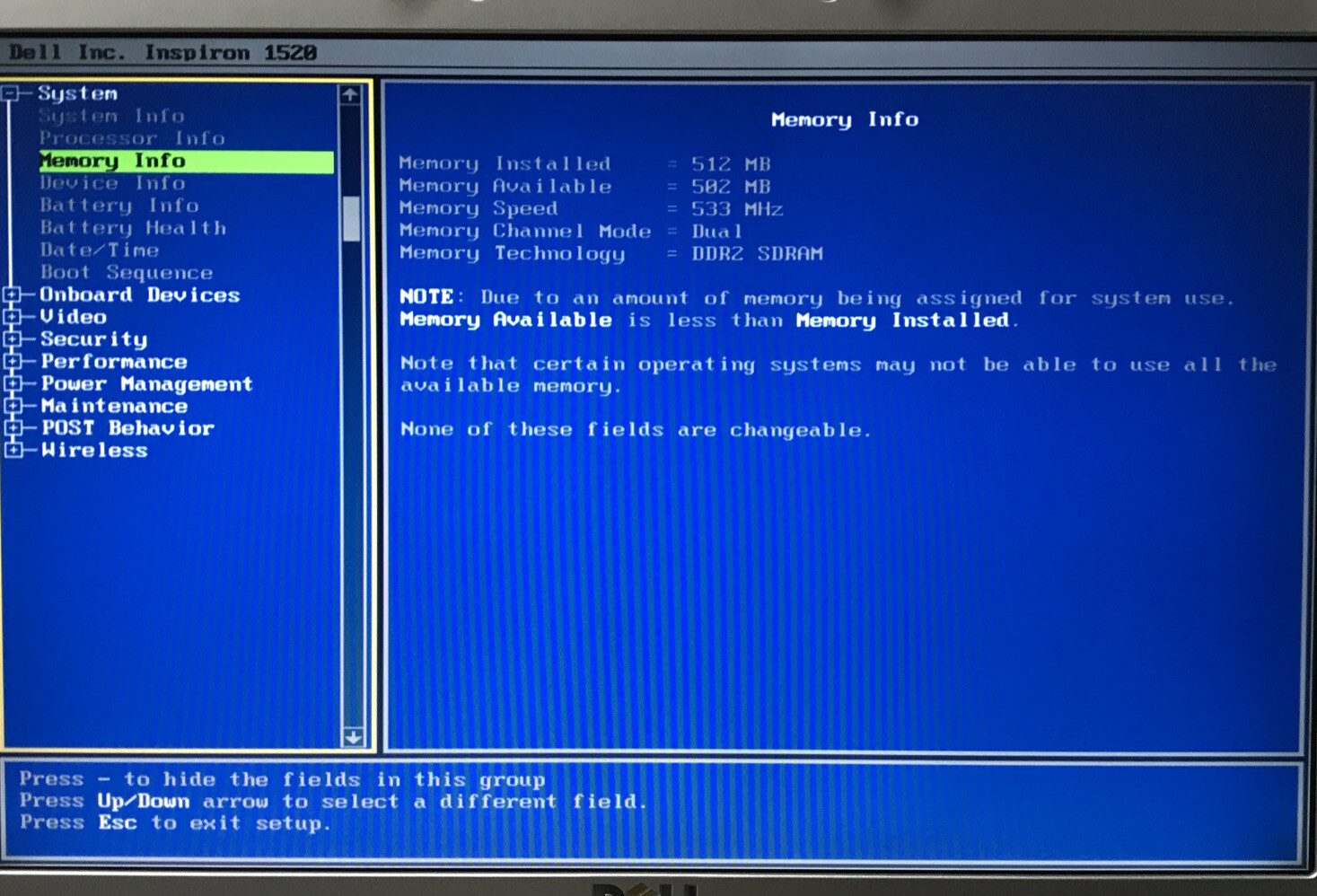 Dell Inspiron 1520 Intel Core 2 Duo @ 1.46 GHz 512 MB No HDD Boot to BIOS