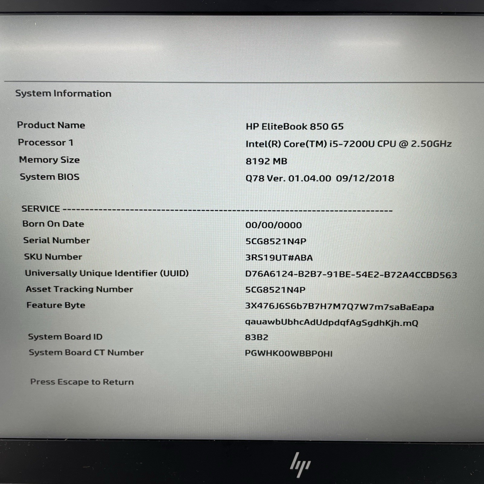 HP EliteBook 850 G5 15.6″ i5-7200U 2.50 GHz 8 GB RAM No SSD/OS/AC – READ