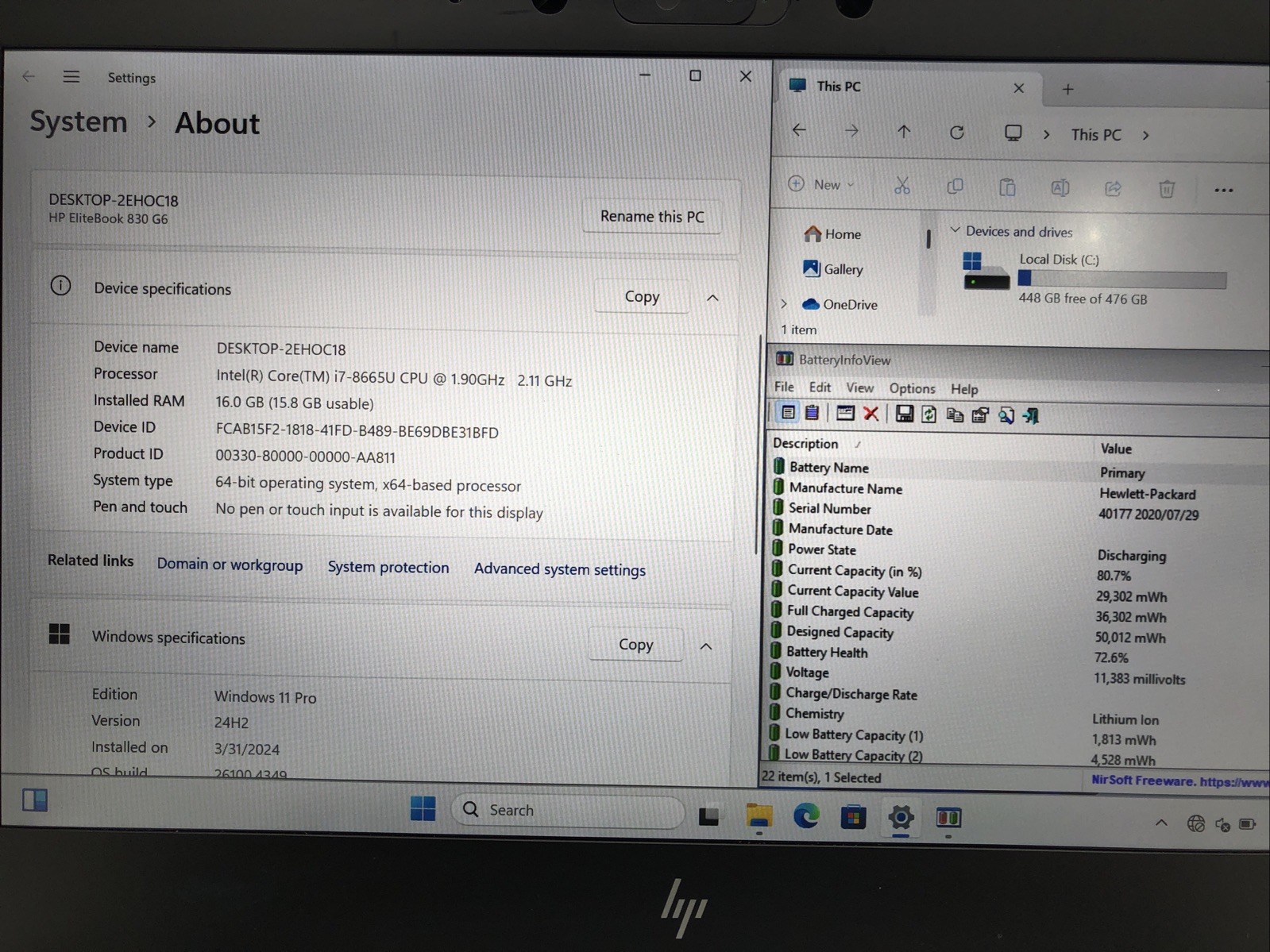 HP EliteBook 830 G6, Intel Core i7-8665U @1.90Ghz, 16GB RAM, 512GB SSD, W11Pro