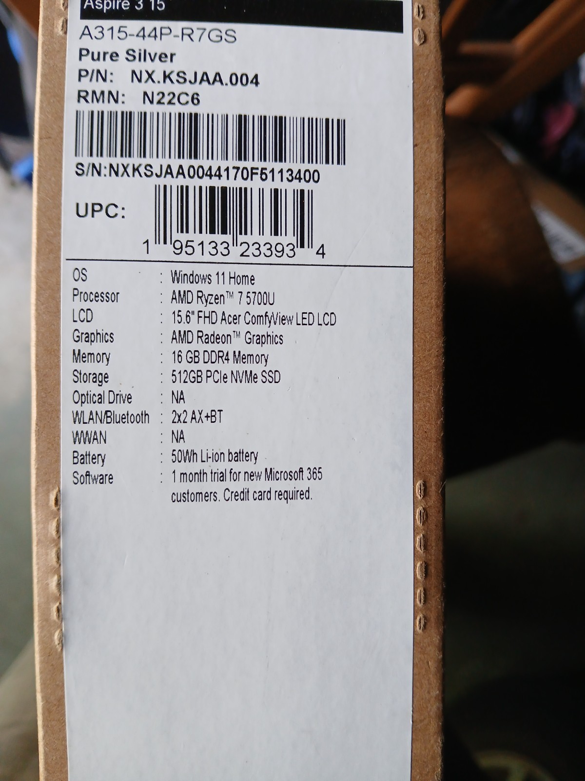 Acer Aspire 3 Ryzen 7 5700U Laptop Pure Silver