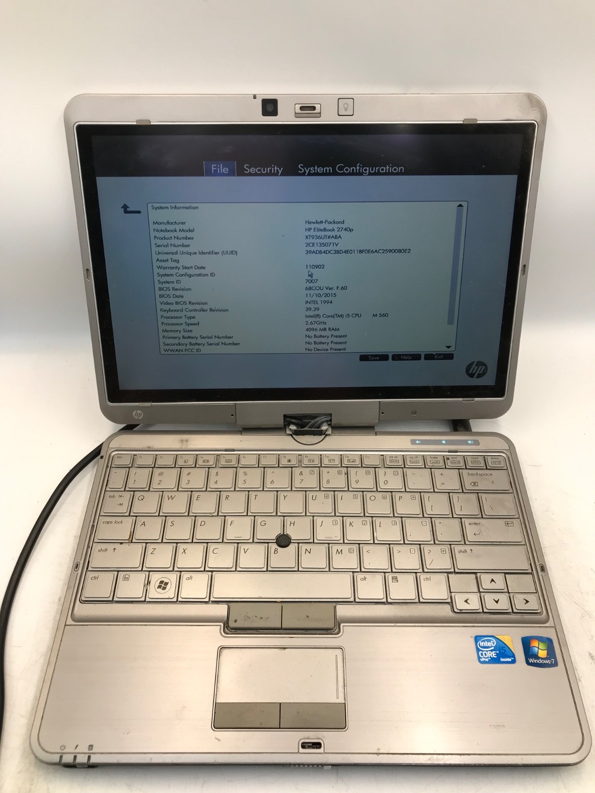 HP EliteBook 2740P Intel Core i5 M560 2.6 GHz 12″ Laptop 4GB RAM-BROKEN HINGE-MZ