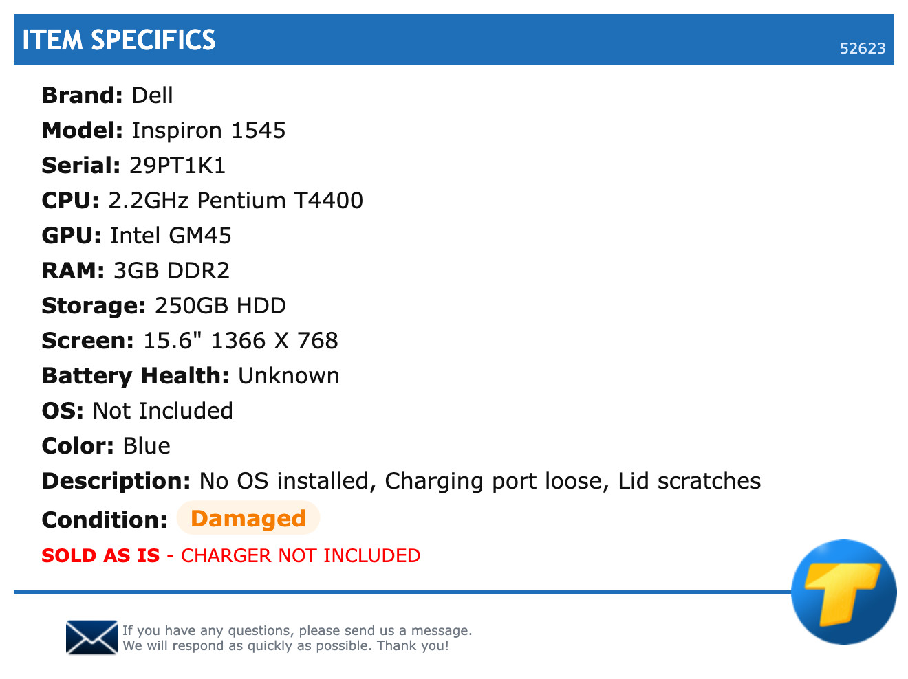 Dell Inspiron 1545 – 15.6″ HD, 2.2GHz Pentium, 3GB RAM, 250GB HDD