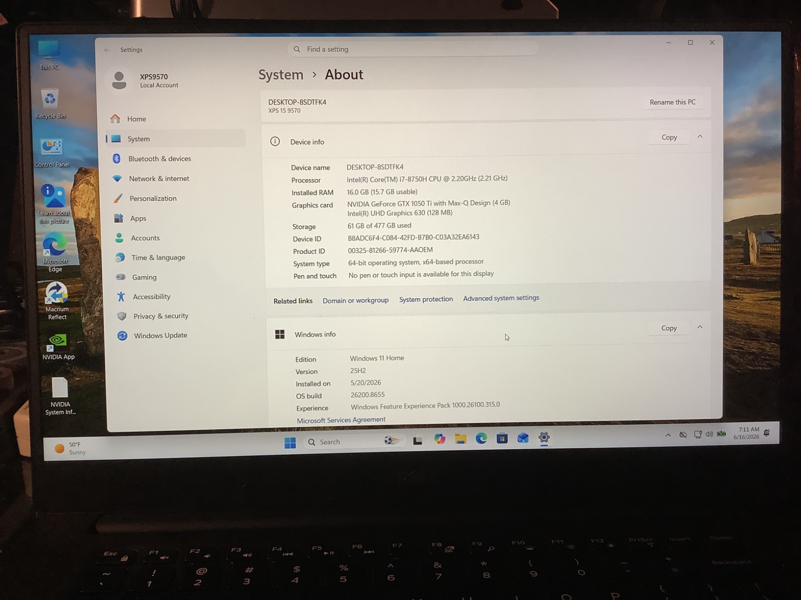 Dell XPS 9570, Gaming-GTX1050Ti, i7-8750H, 16GB – 512GB Windows 11 Home #5ZJY6S2