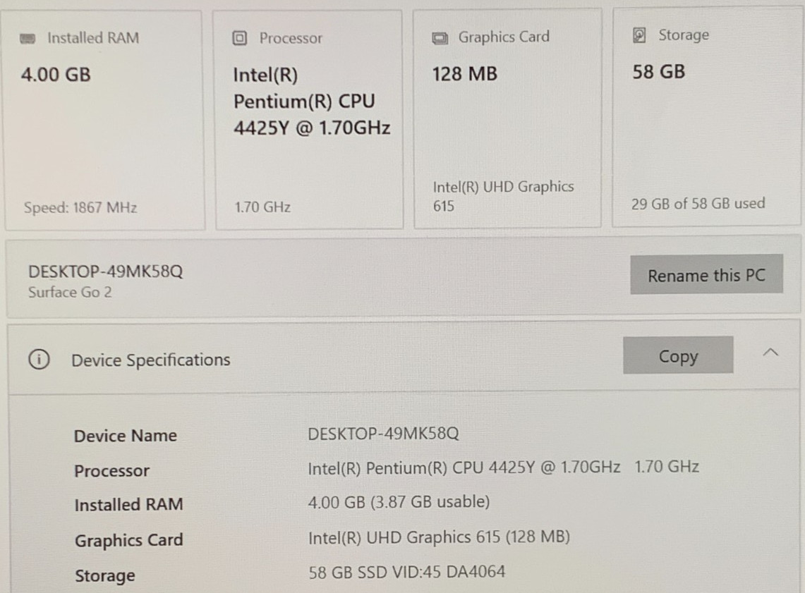 Microsoft Surface Go 2 (10.5″, Intel 4425Y @ 1.70, 4GB, 64GB,