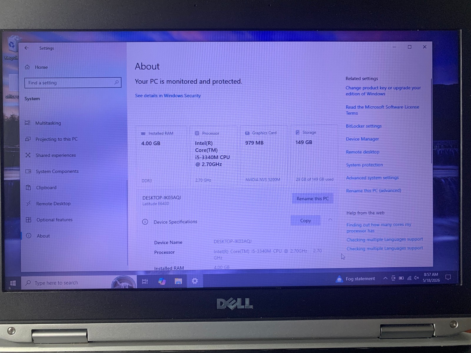 Dell Latitude E6430 14 Inch (149GB , Core I5-3320m, 2.6 GHz, 4GB) Laptop