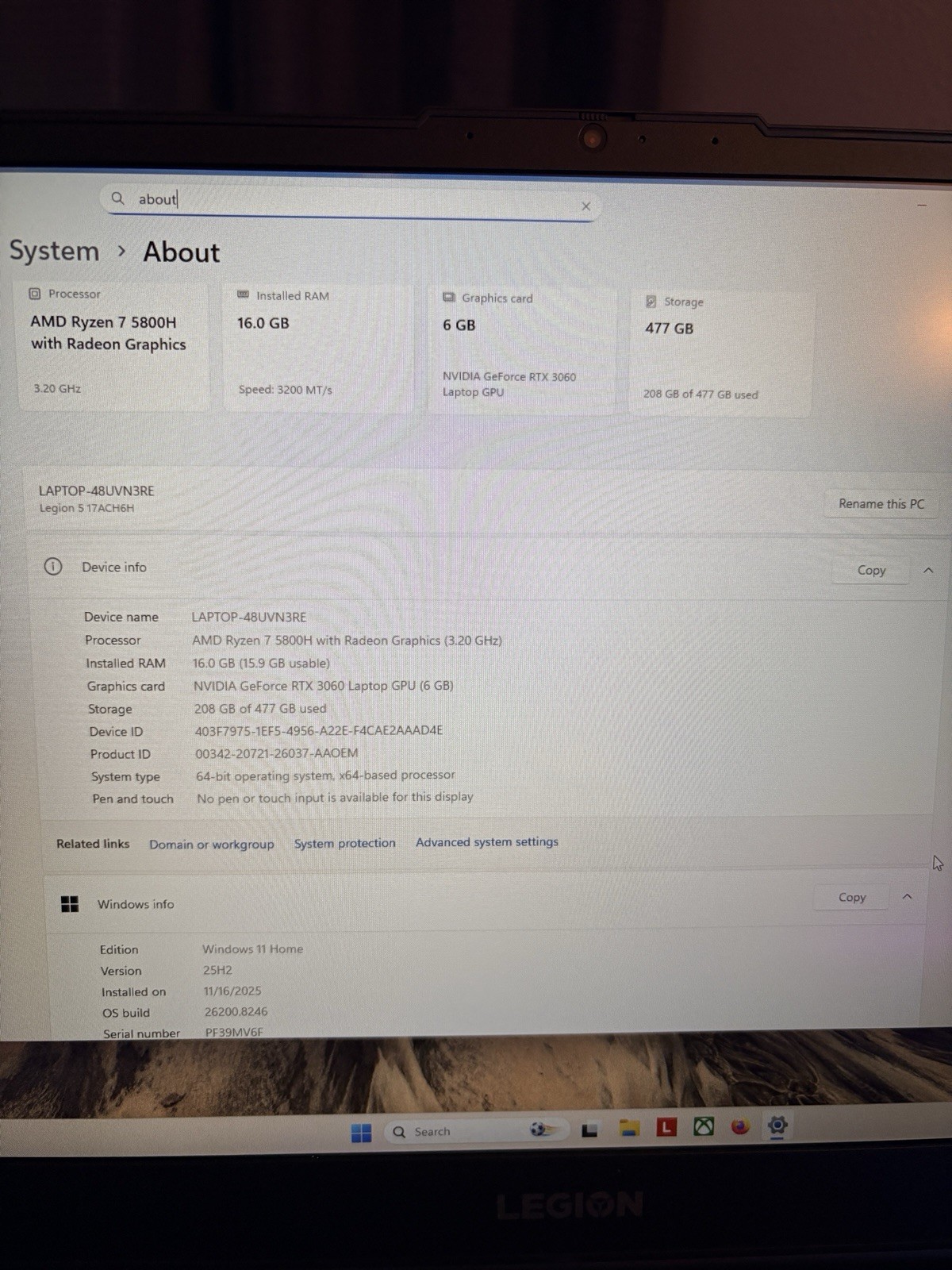 Lenovo Legion 5 17ACH6H 17in Ryzen 7 5800H 16GB RTX 3060 500GB SSD W11