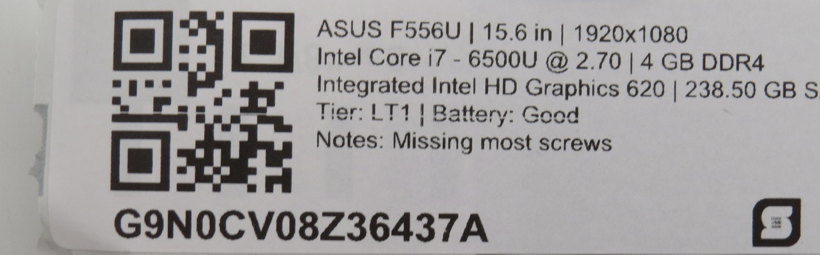 ASUS F556U i7-6500U @ 2.7GHz 4GB DDR4 238GB SSD 15.6″ No OS