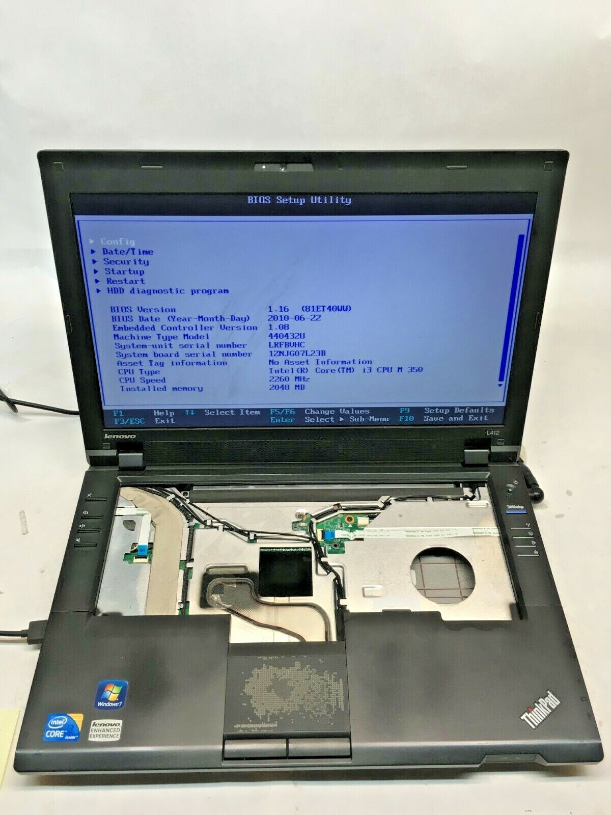 Lenovo ThinkPad L412 Core i3 Laptop For Parts Boots No Keyboard/HDD/DVD/Batt JR