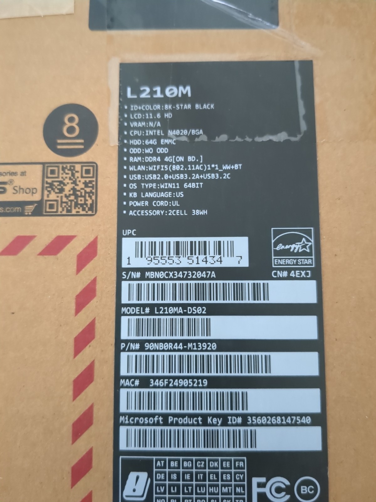 ASUS L210M 11.6″ Laptop Celeron N4020 4GB 64GB W11 HDMI