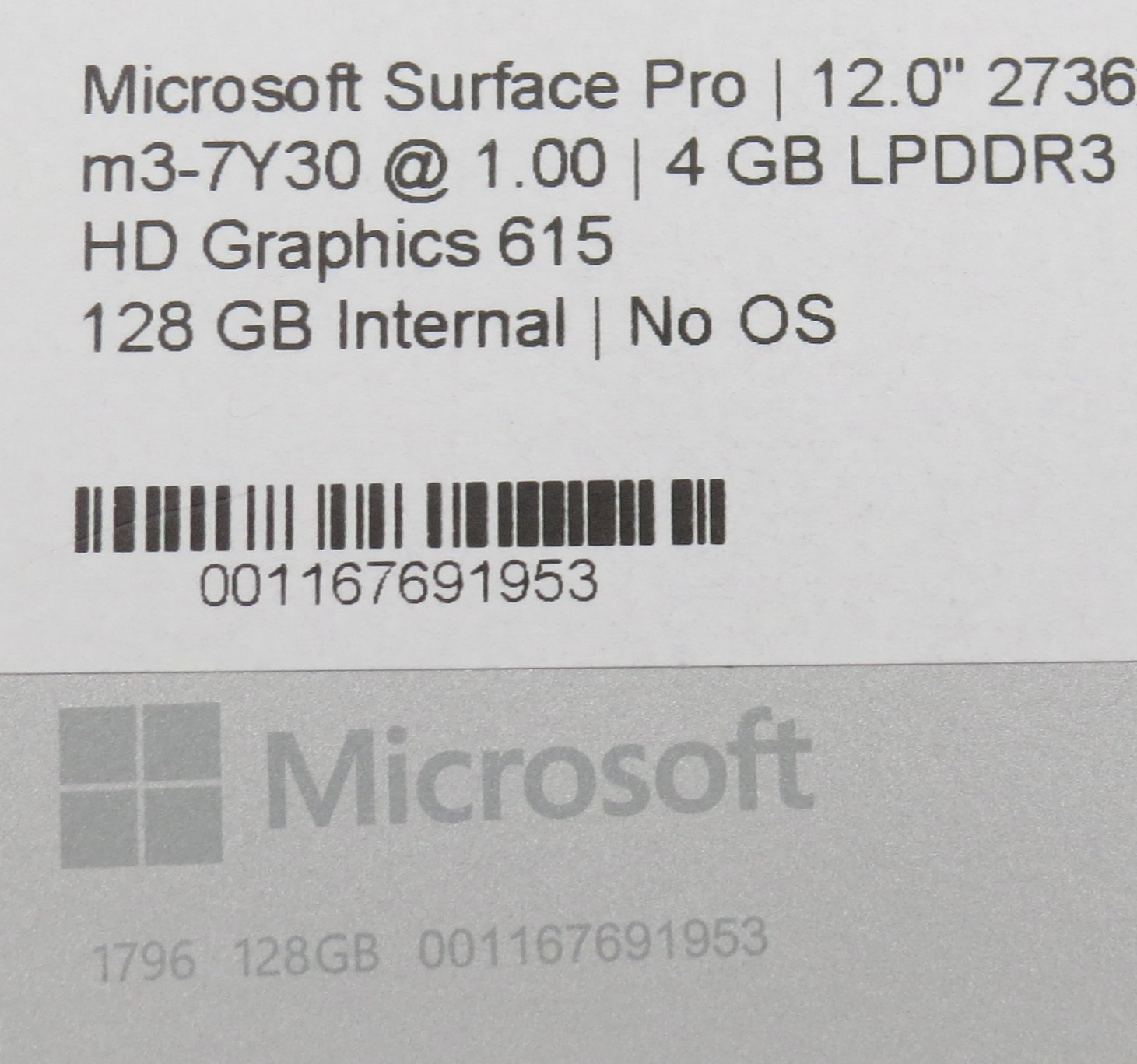 Microsoft Surface Pro 5 | m3-7Y30 @ 1GHz | 4GB DDR3 | 12″ | 128GB HDD | No OS/AC