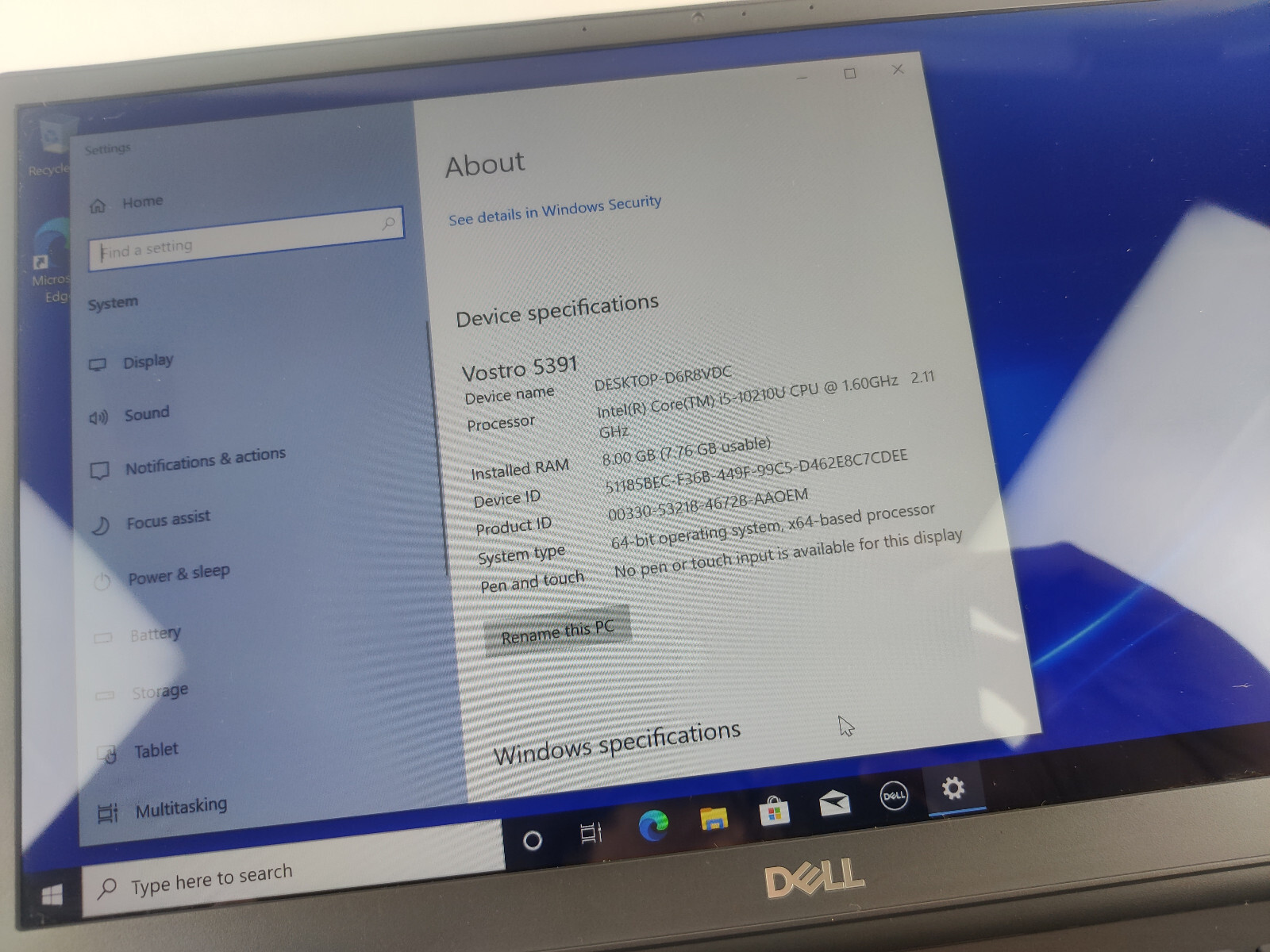 Dell Vostro 5391 13″ 256GB 8GB Intel Core i5-10210U Laptop