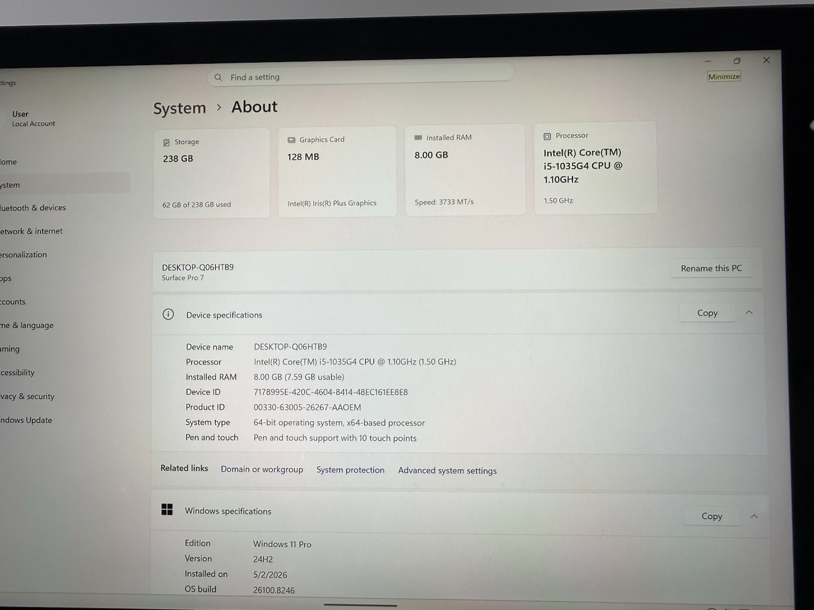 Microsoft Surface Pro 7 1866 8GB RAM, i5-1035G4, 1.10GHz, 256GB SSD Win11 Black