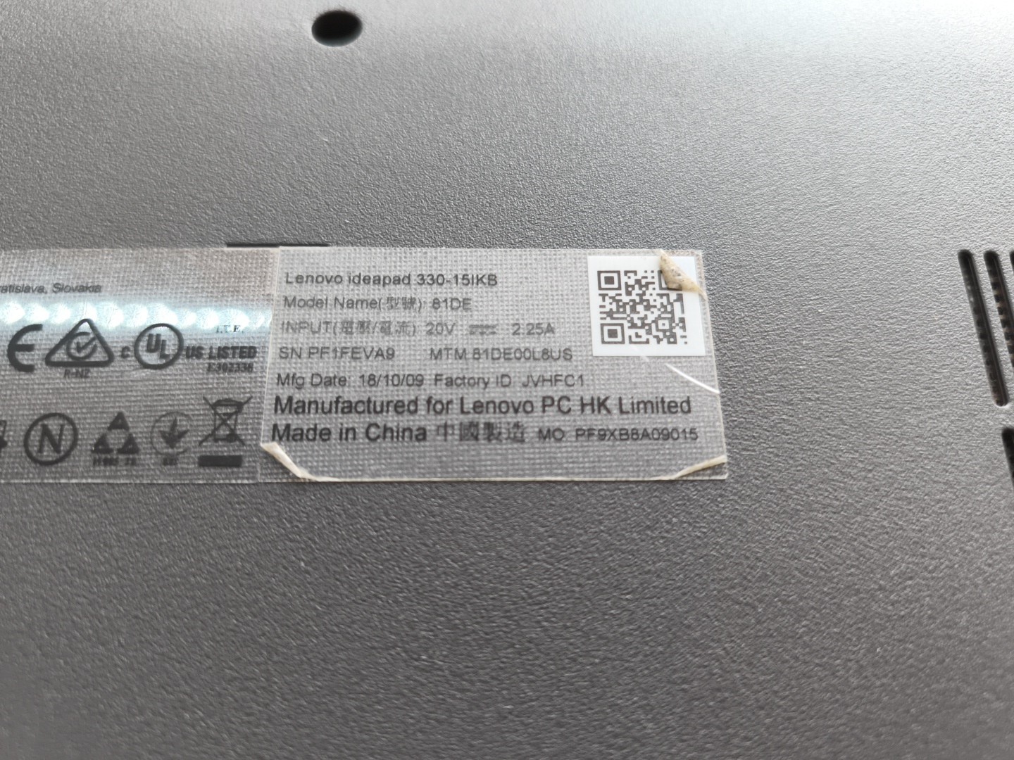Lenovo Ideapad 330S-15IKB i3-8130U 8GB RAM No Hard Drive Laptop, Chin Bezel Off