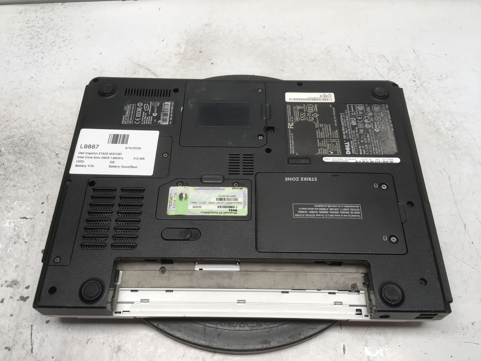 Dell Inspiron E1405 Intel Core Solo 06E8 1.66GHz 512 MB NO HDD No Batt
