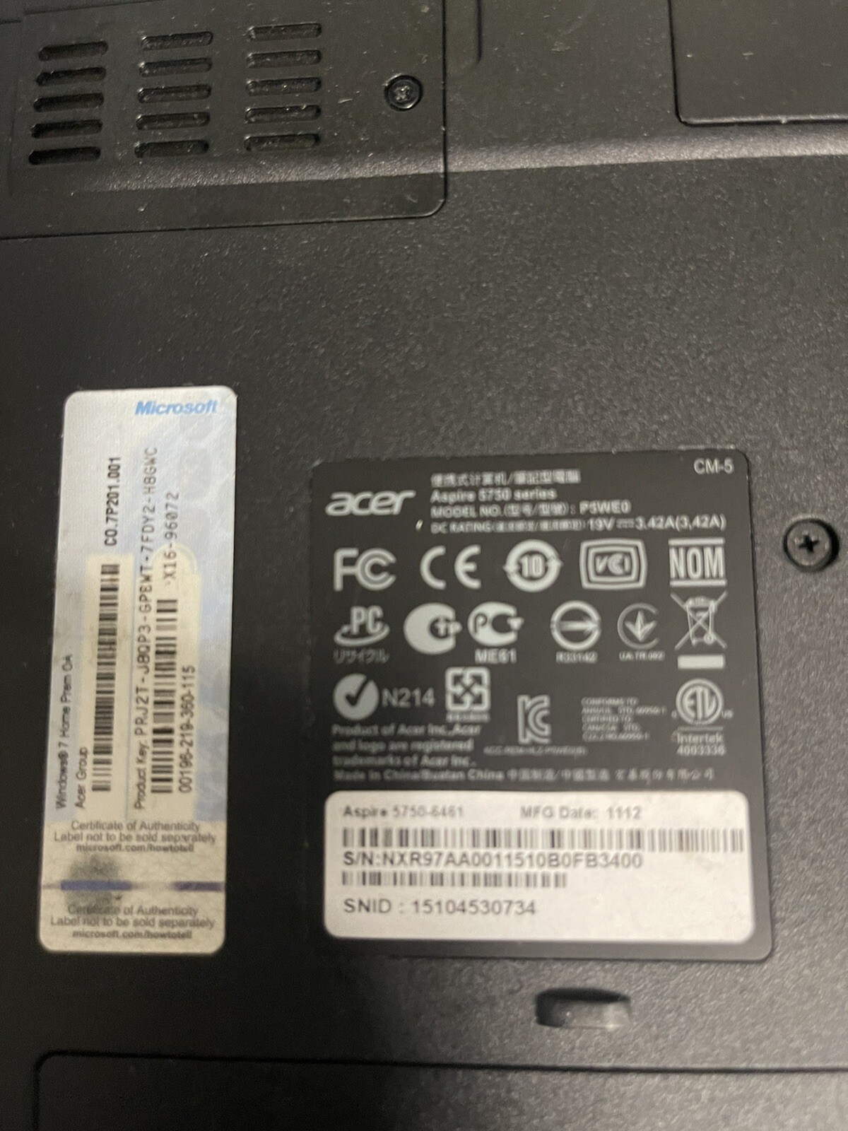 Acer Black Laptop screen 15.6 Inc for Parts no case