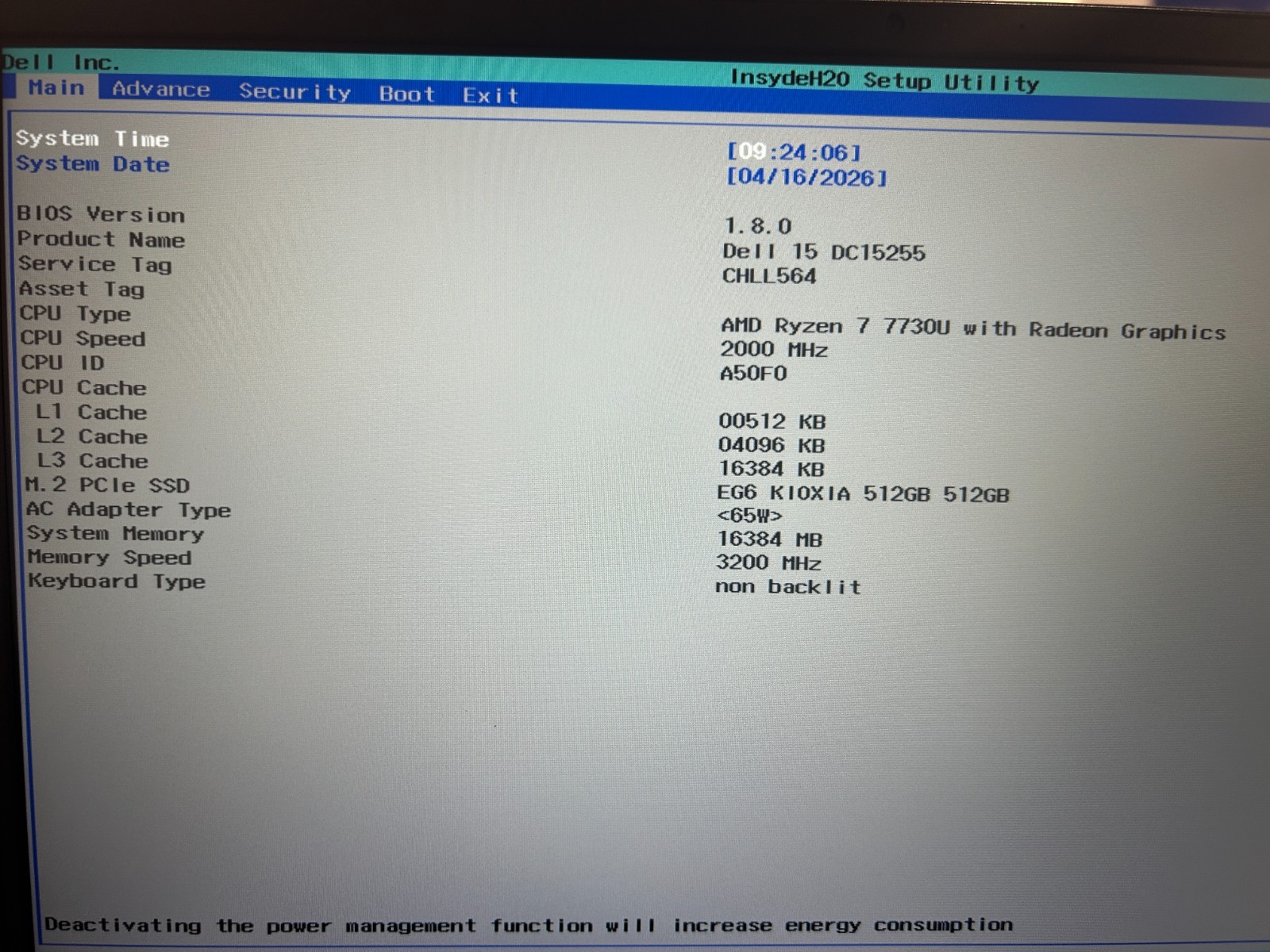 DELL 15 DC15255 G8MK9, AMD Ryzen 7 7730U, 2.00 GHz, 16 GB RAM, 512 GB NVMe SSD