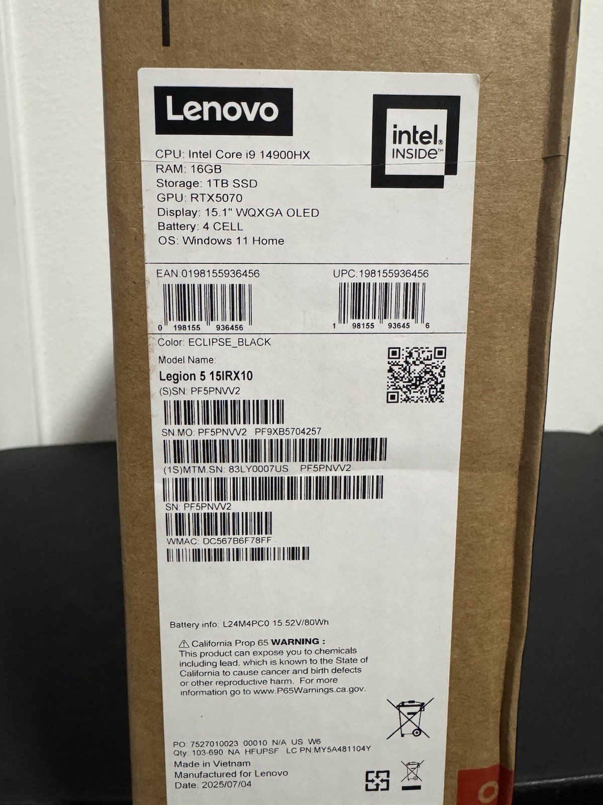 Lenovo Legion 5i Laptop 15.1″ WQXGA OLED, I9 16GB RAM, 1TB SSD, NVIDIA RTX 5070