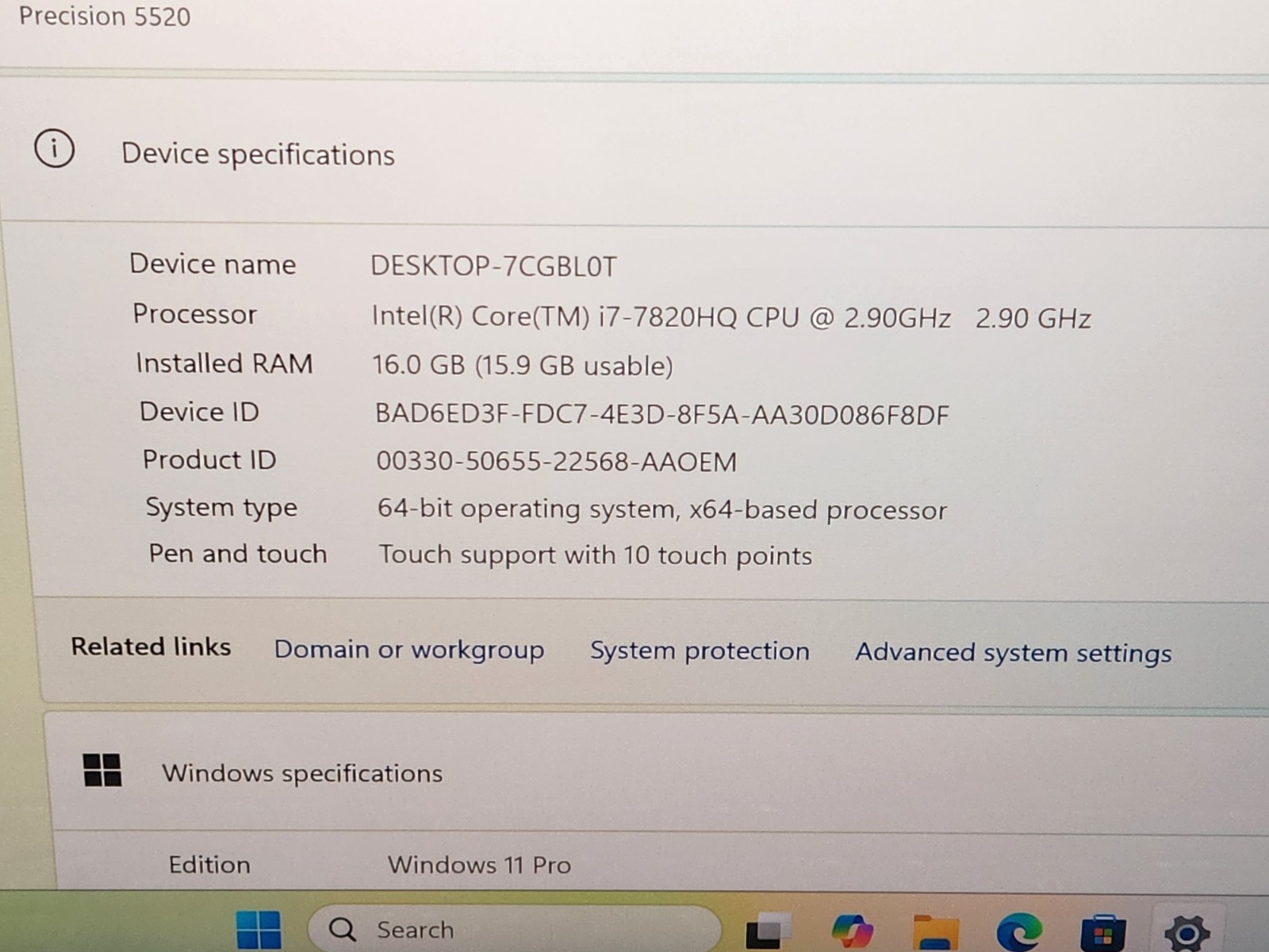 Dell Precision 5520 15.6″ 4K Touchscreen i7-7820HQ 16GB RAM Quadro M1200 Win 11~