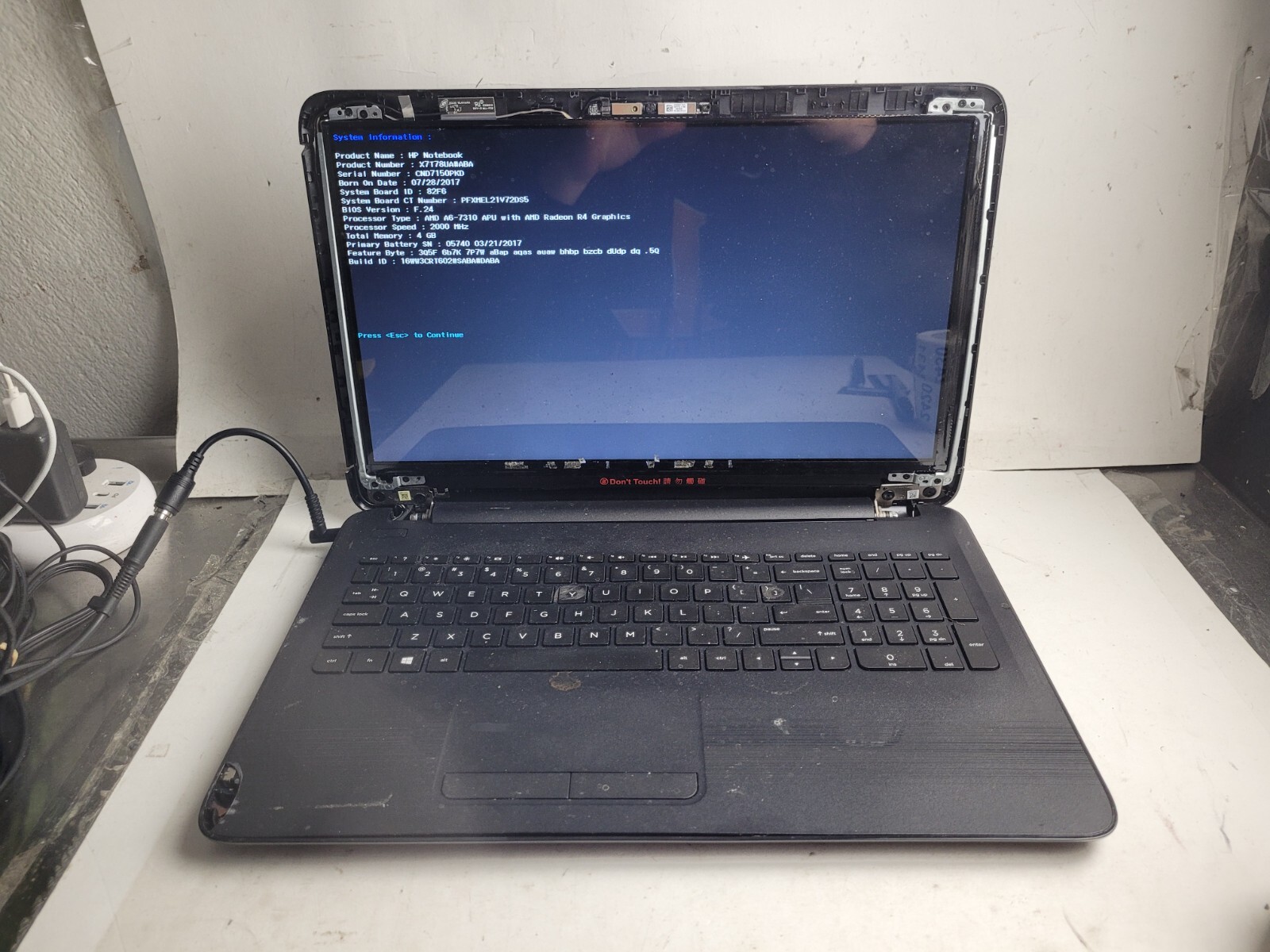 HP model 15-ba009dx w/AMD A6-7310, 4GB RAM, 500GB HDD, 15″ Laptop for Parts#2413