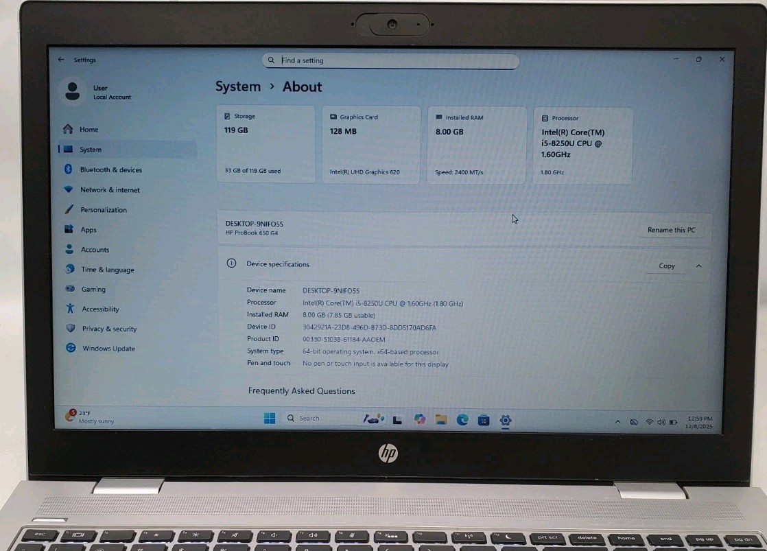 HP ProBook 650 G4 Core i5-8250U @ 1.60GHz 8GB RAM 128GB SSD Windows 11 Pro.