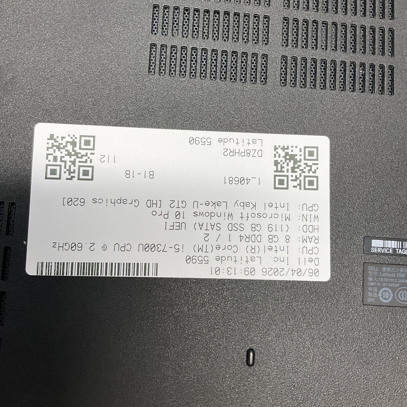 Dell Latitude 5590 i5-7300U 2.60GHz 8GB 128GB SSD WIN10 Pro Laptop READ