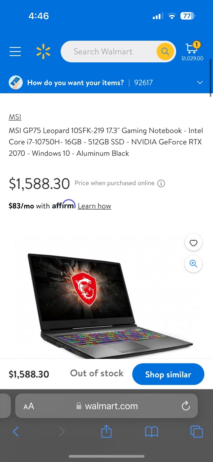 MSI GP75 Leopard 10SFK 17.3” RTX 2070 (512GB SSD+added2t, Intel i7 10th Gen.)