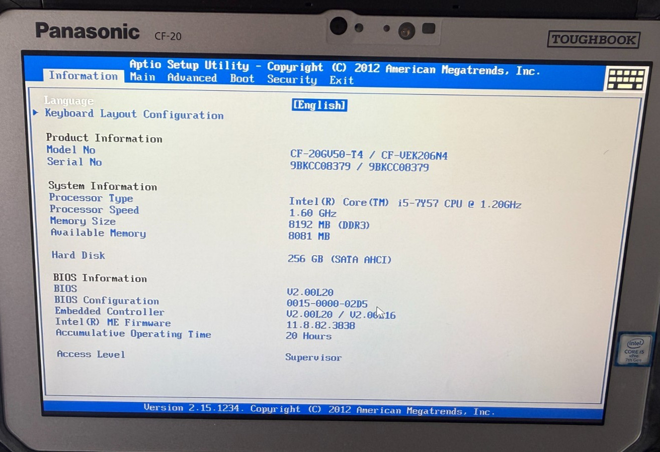 Panasonic Toughbook CF-20 Mk 2 i5-7Y57 8GB RAM 256GB GPS LTE 2 BAT 7th Gen