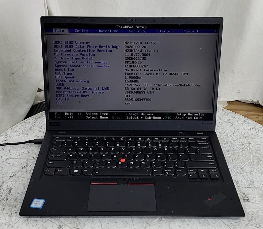 LENOVO ThinkPad X1 Carbon 6th Laptop Core I7-8650U 16GB 256GB SEE NOTES