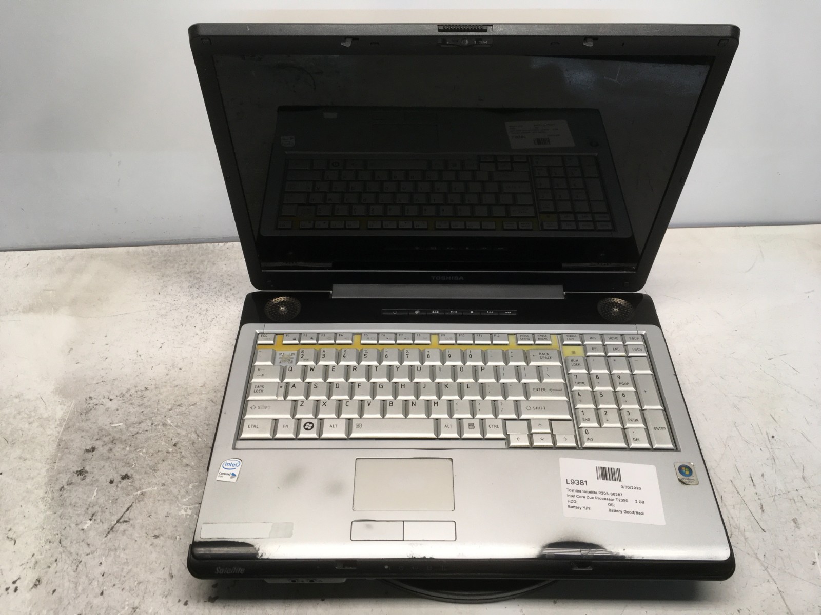 Toshiba Satellite P205-S6267 Intel Core Duo Processor T2350 1.86GHz 2 GB NO HDD