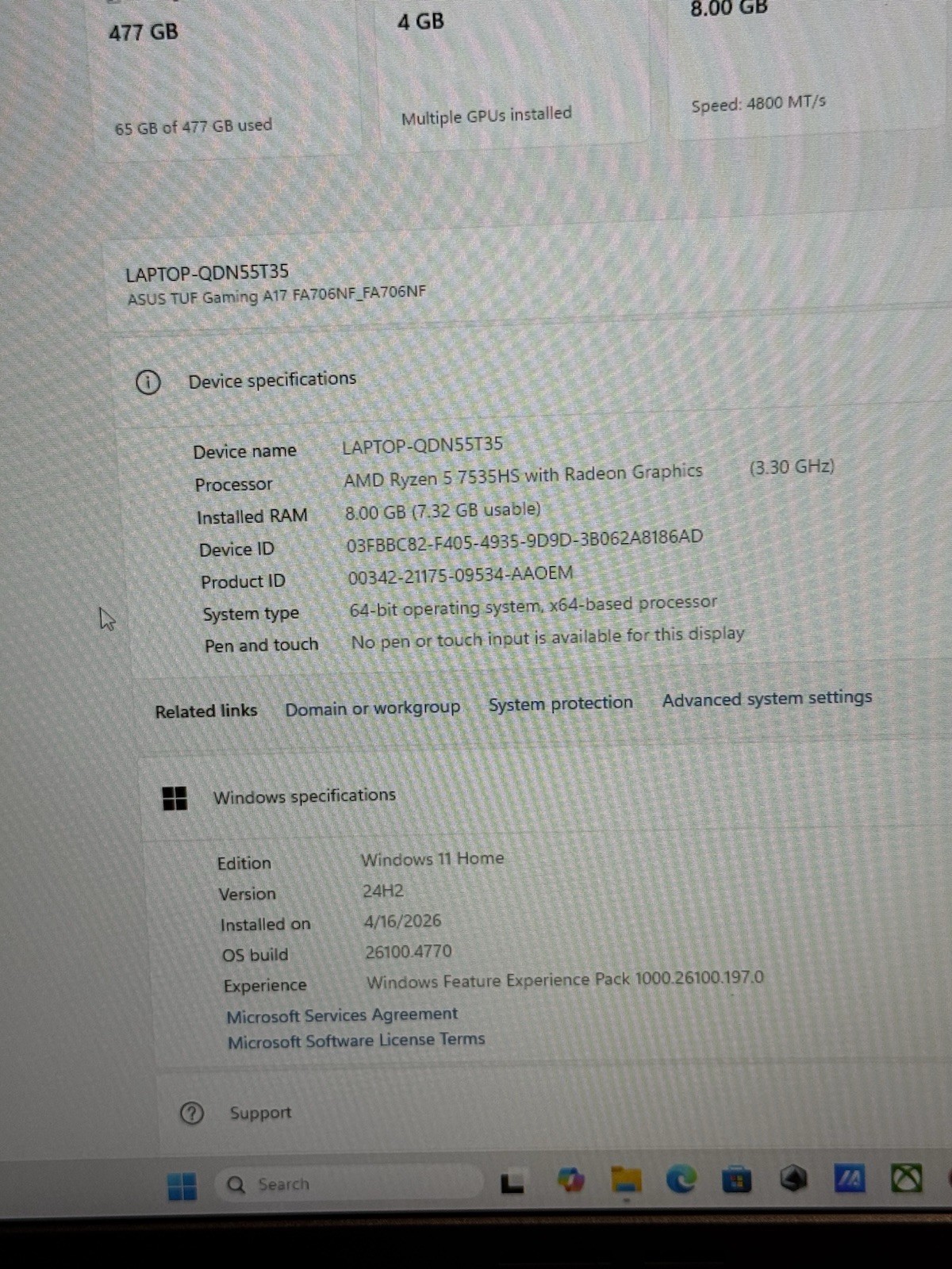 ASUS TUF Gaming Laptop A17 – AMD Ryzen 5 7535HS-8GB RAM-Nvidia RTX 2050