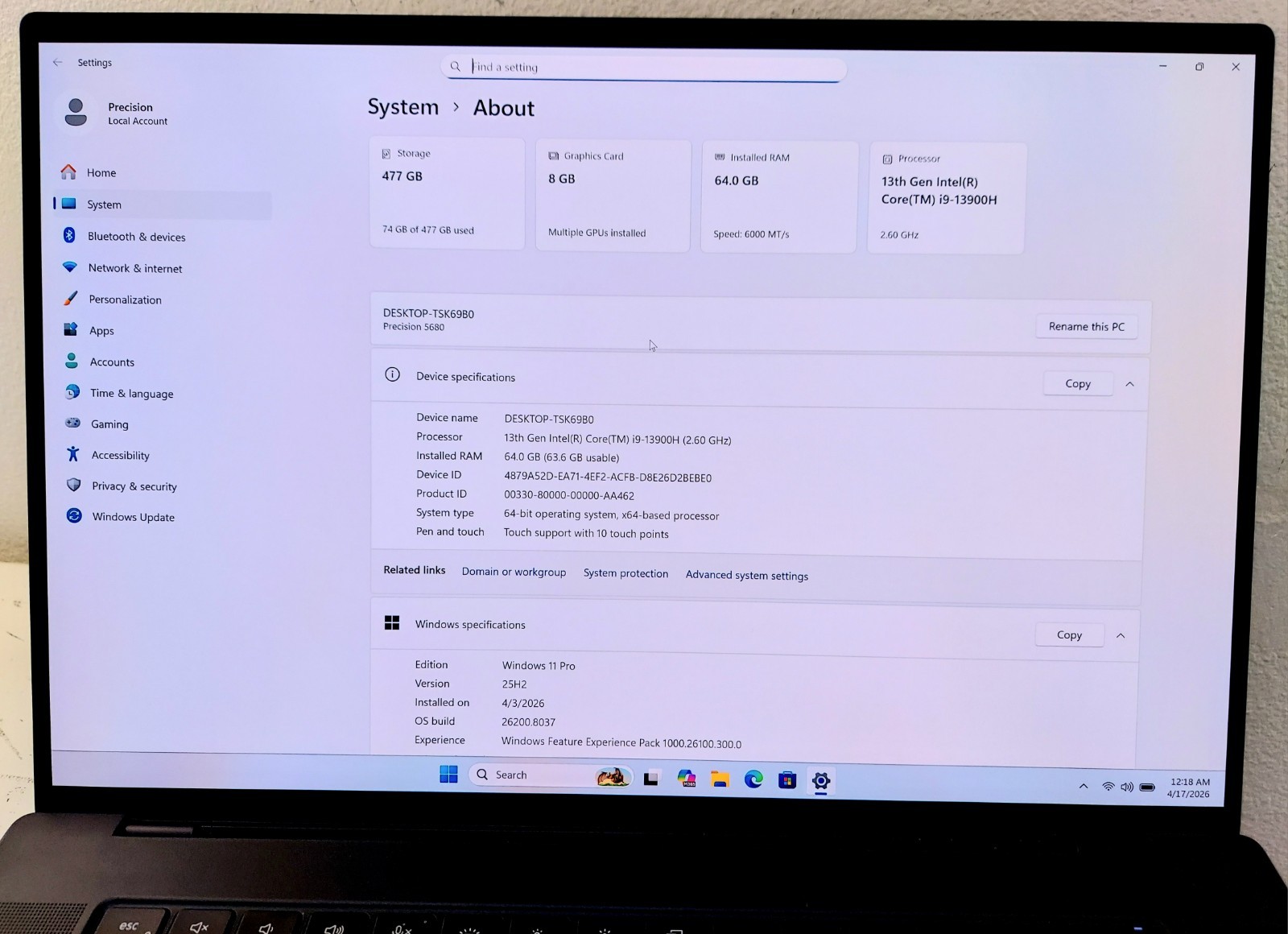 DELL PRECISION 5680 4K OLED I9-13900H 512GB SSD 64GB RAM RTX 2000 Ada WIN 11 PRO