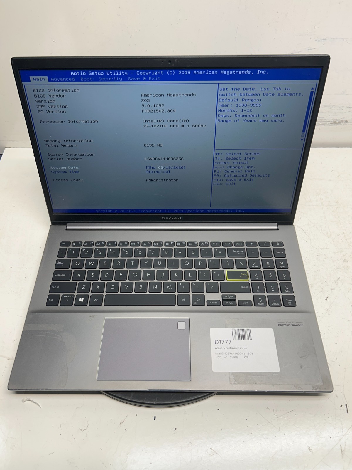 Asus Vivobook S533F Intel i5-10210U 1.60GHz 8GB 512GB SSD NO OS NO BAT