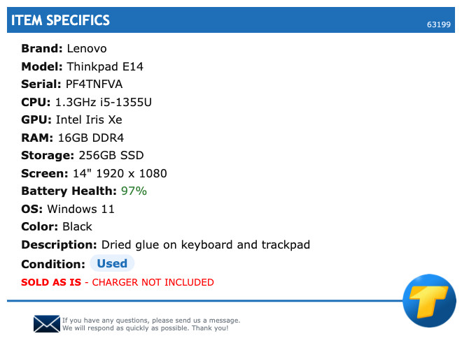 Lenovo Thinkpad E14 – 14″ FHD, 1.3GHz i5, 16GB RAM, 256GB SSD, Windows 11
